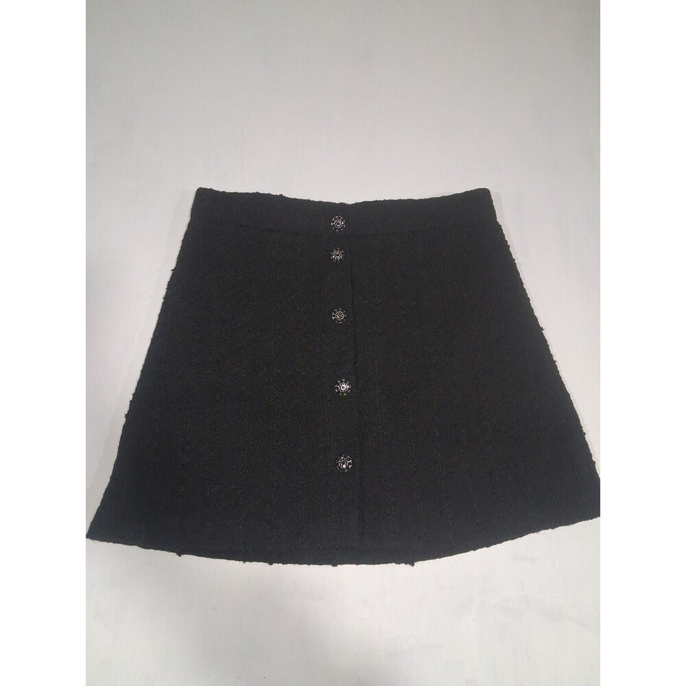 H&M Black Mini Skirt Buttons Zip Size 14 Classic Work Office Textured